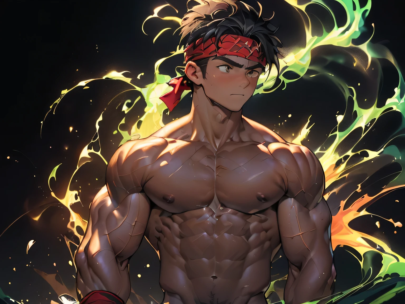 ((masterpiece, best quality)), (((((black background, deep night, looking away))))), (19 year old boy, worm eyes, Young boy, muscler, Shirtless, topless), ((((1boy, solo, flesh, tough, reliable, developed body)))), (Dark Short straight hair, ((almost completely shaved hair)), under cut), (((red headband, black wristband))), Vivid colors, ((big breast:1.2, big shoulder:1.2, muscular body, sturdy body, defined round and fleshy pecs, defined round and fleshy ABS, defined round and fleshy armsmuscular:1.2, well-defined muscles, developed body, toned weist, shouldermuscler:1.2)), muscler!, muscler body, detailed face, detailed muscle, (((rippling muscles, Flowing energy, giving off an aura of holy power, Include intense special effects such as bursts of light, energy waves, and wind to emphasize the power of his magic. Highlight his aura, blue and green aura effect, energy stream, holding aura energy, ready to fight, fighting with great fury against enemy, concentrate, Muay Thai fighter)))