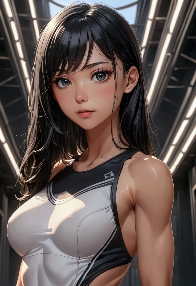 A young woman with long black hair, black eyes, slender and athletic built, detailed body, detailed eyes, masterpiece, best quality, aesthetic, ultra-detailed, ultra-sharp, 4k