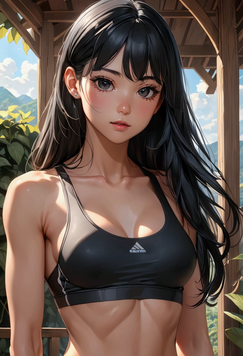 A young woman with long black hair, black eyes, slender and athletic built, detailed body, detailed eyes, masterpiece, best quality, aesthetic, ultra-detailed, ultra-sharp, 4k