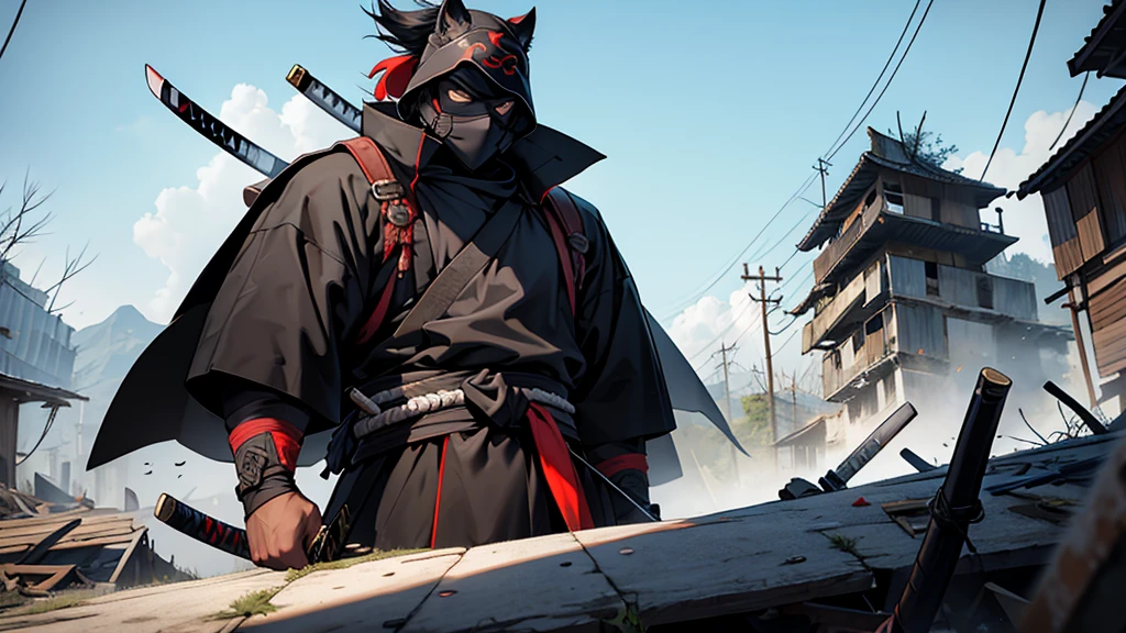 masked samurai holding a katana while standing over a destroyed village  