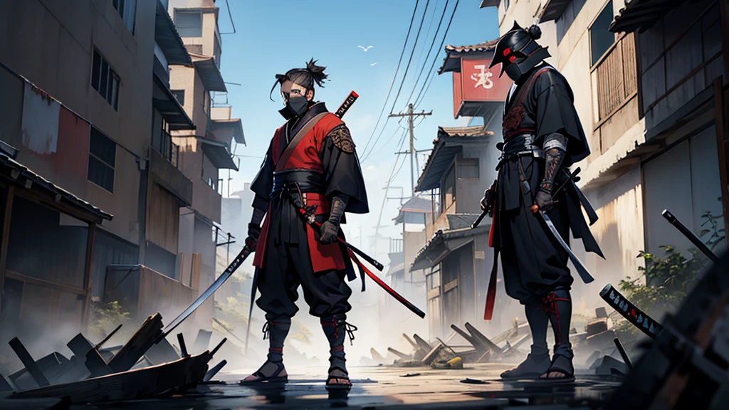 masked samurai holding a katana while standing over a destroyed village  