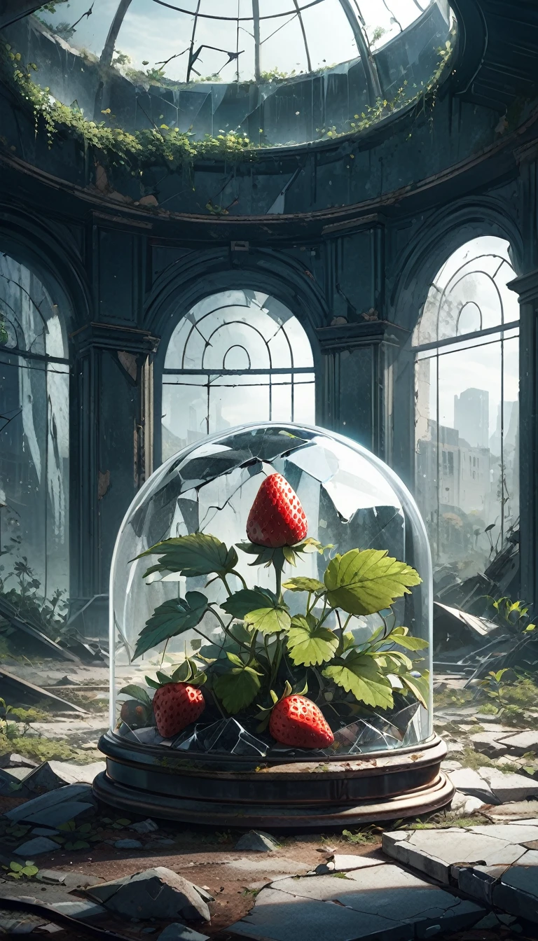 a post-apocalyptic world, a desolate wasteland, a lone strawberry bush growing under a glass dome, the last strawberry in existence, highly detailed, photorealistic, 8K, award-winning art, dramatic lighting, moody colors, muted tones, overgrown ruins, cracked concrete, shattered glass, rusty metal, a sense of isolation and loneliness, cinematic composition, intricate details, masterpiece