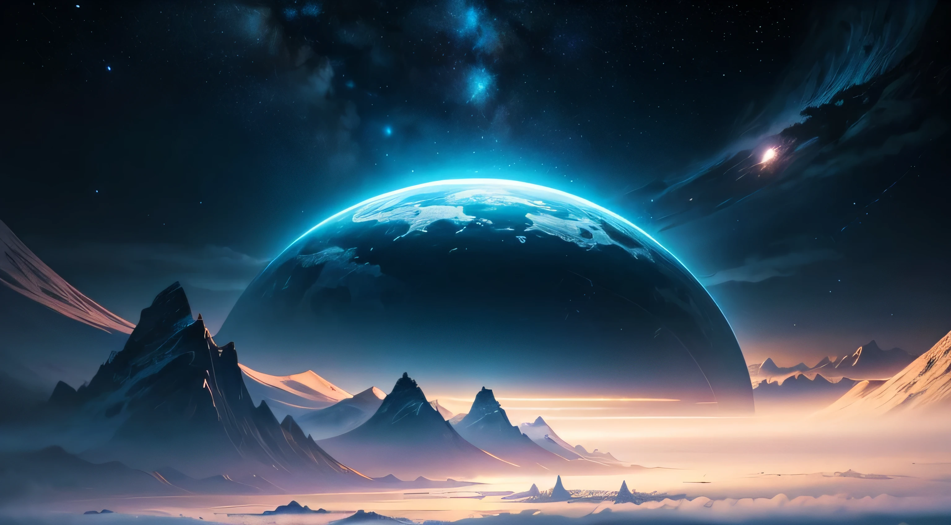 A peaceful nature scene in space. Interstellar. Epic. Vast cosmos. A futuristic cyber civilization. Mountains. Moons. Clouds. Blue.