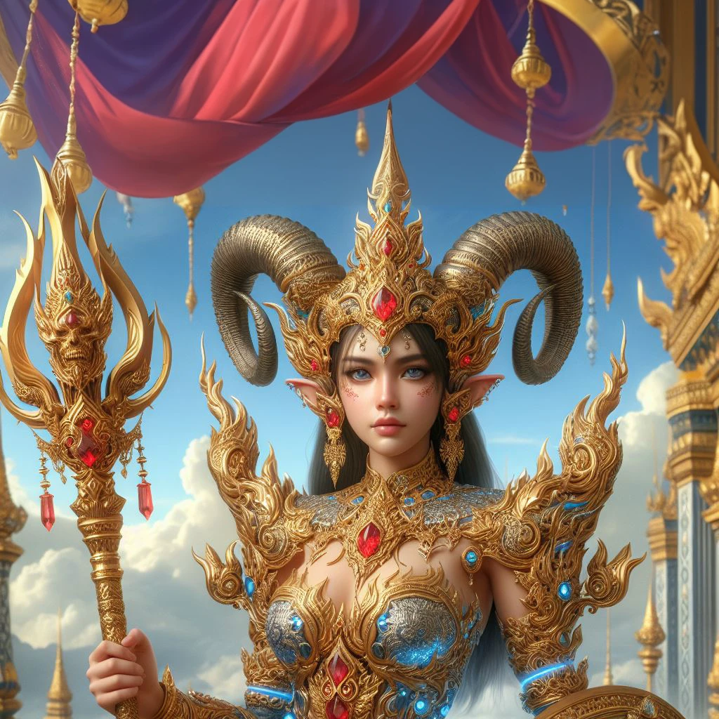A beautiful Thai woman with Horns, Blue Aura around woman, She is wearing a gold armor with Thai patterns and holding a golden spear and a gold shield with complex, Diamond, Ruby, Sapphire, intricate designs. The armor is intricately designed with interwoven Thai patterns and large shoulder pieces. The background is a blue sky with clouds and a golden Thai temple. Hyper Details, Realistic and red color in Thai pattern armor.