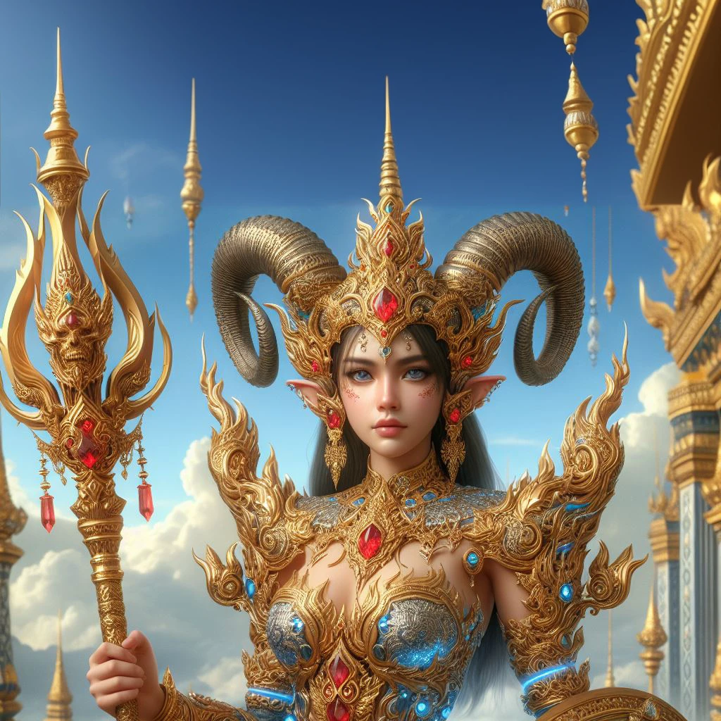 A beautiful Thai woman with Horns, Blue Aura around woman, She is wearing a gold armor with Thai patterns and holding a golden spear and a gold shield with complex, Diamond, Ruby, Sapphire, intricate designs. The armor is intricately designed with interwoven Thai patterns and large shoulder pieces. The background is a blue sky with clouds and a golden Thai temple. Hyper Details, Realistic and red color in Thai pattern armor.