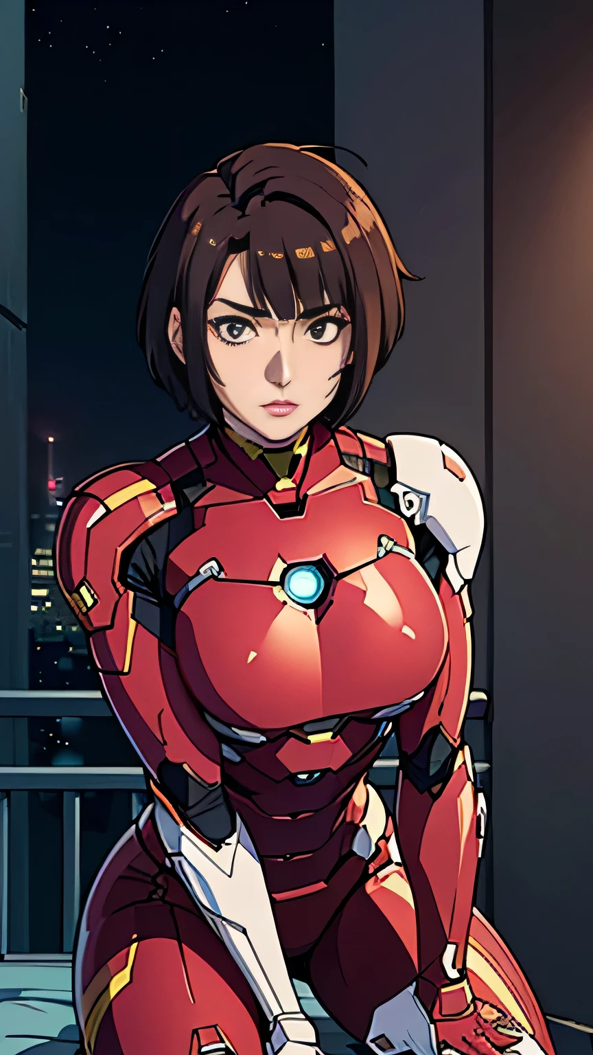 photo of mlp Meowko, RAW, beautiful woman, ((portrait)), ((detailed face:1.2)), ((anime face, anime facial feature, clear skin, glossy anime lips, clear skin), (short messy lesbian haircut, brunette: 1.55), (perfect proportioned body, Strong, muscular, narrow waist, narrow hips, skinny, large breasts), (wearing futuristic Iron Man armor, black and pink color scheme, highly detailed), down on on knee, (high detailed city environment, apartment balcony), (realistic photo, best quality, detailed), (8k wallpaper), (cinematic lighting, beautiful light, (night:1.3)) (sharp focus, intricate)