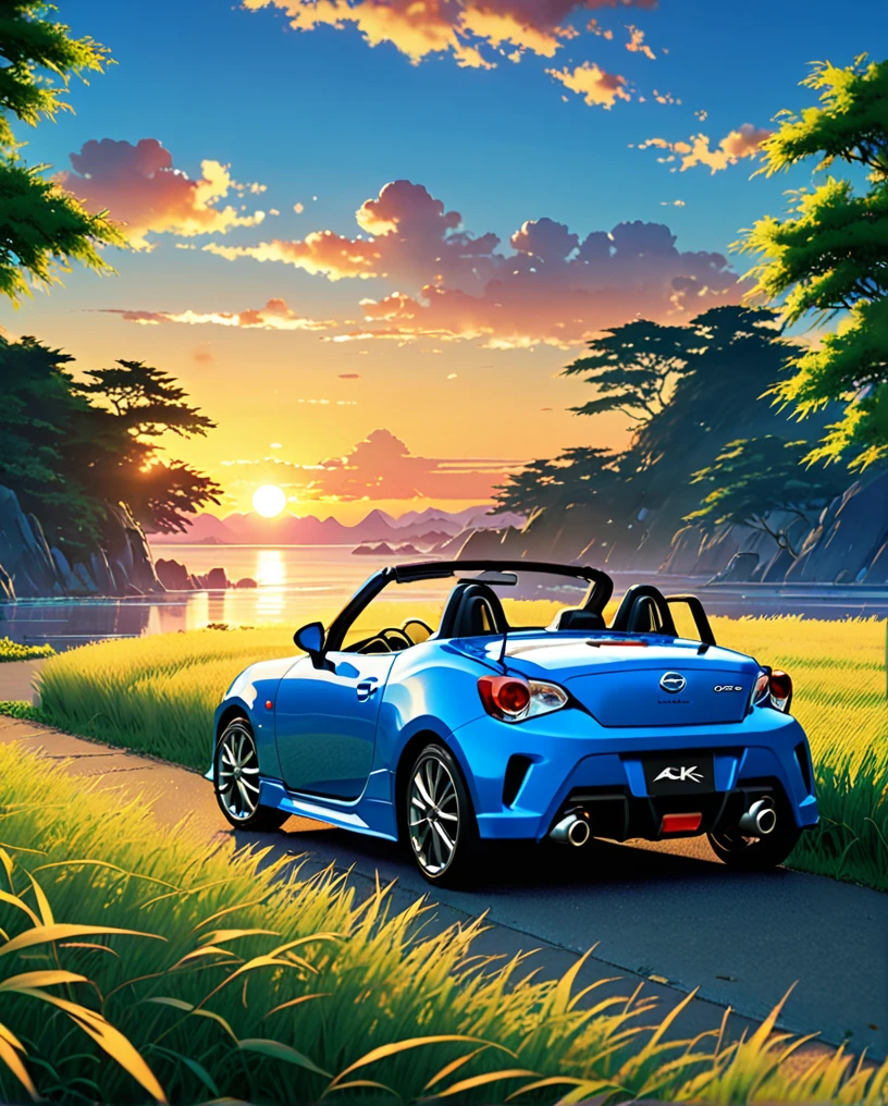 A daihatsu copen GR sports car in ABS blue、Anime scenery of a girl sitting in tall grass with a sunset in the background.Beautiful anime scene, Beautiful anime peace scenes, Makoto Shinkai Cyril Rolland, Beautiful anime scene, Awesome Wallpapers, Anime Art Wallpapers 8K, Anime Background, artistic Anime Background, anime wallpaper 4k, Anime Art 4K Wallpaper, Anime Wallpaper Art 4k,