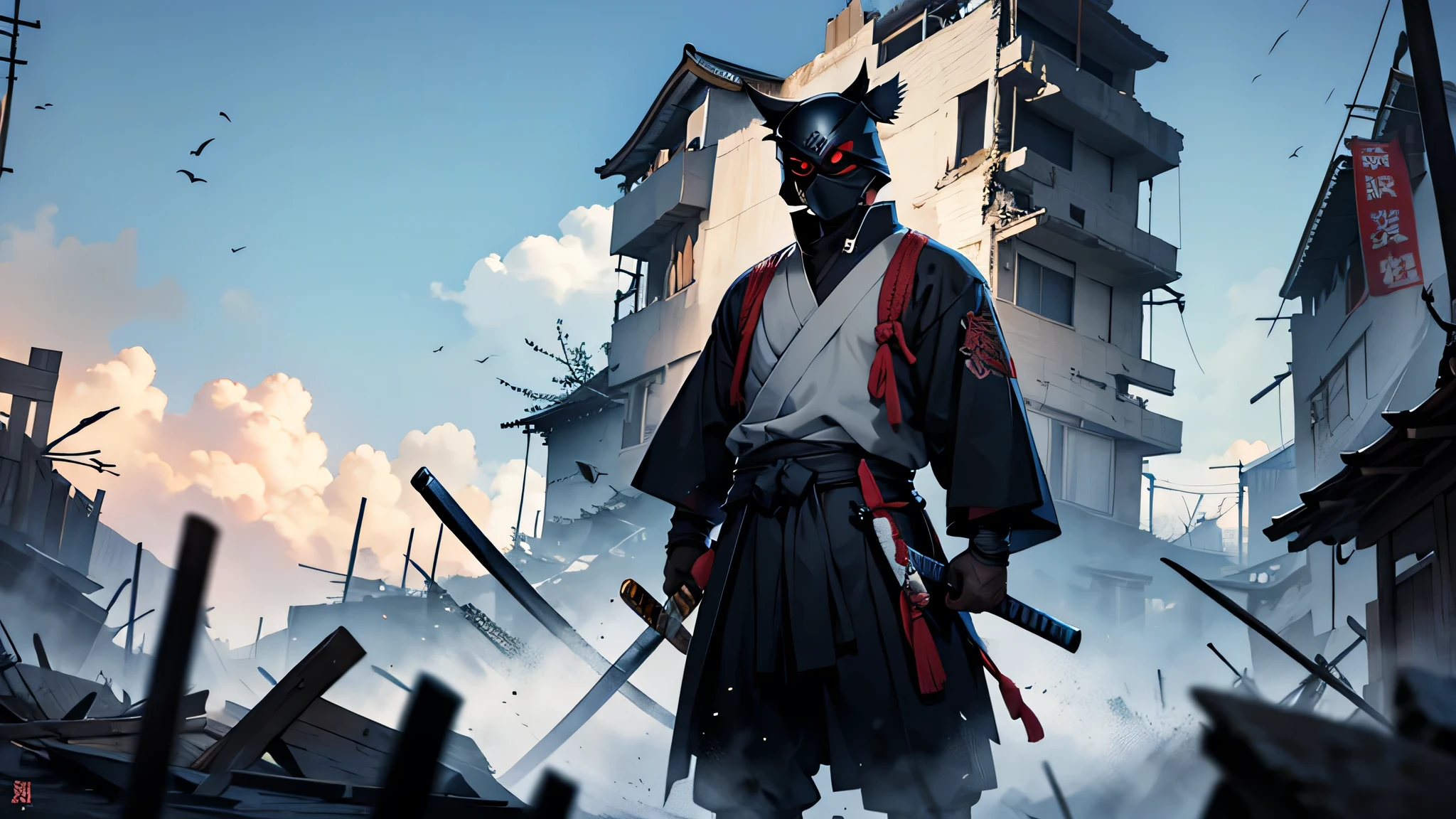 masked samurai holding a katana while standing over a destroyed village  