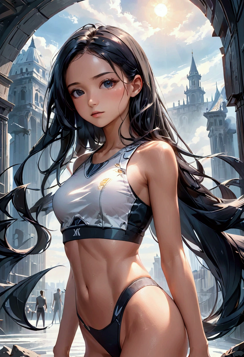 A young woman with long black hair, black eyes, slender and athletic built, detailed body, detailed eyes, masterpiece, best quality, aesthetic, ultra-detailed, ultra-sharp, 4k