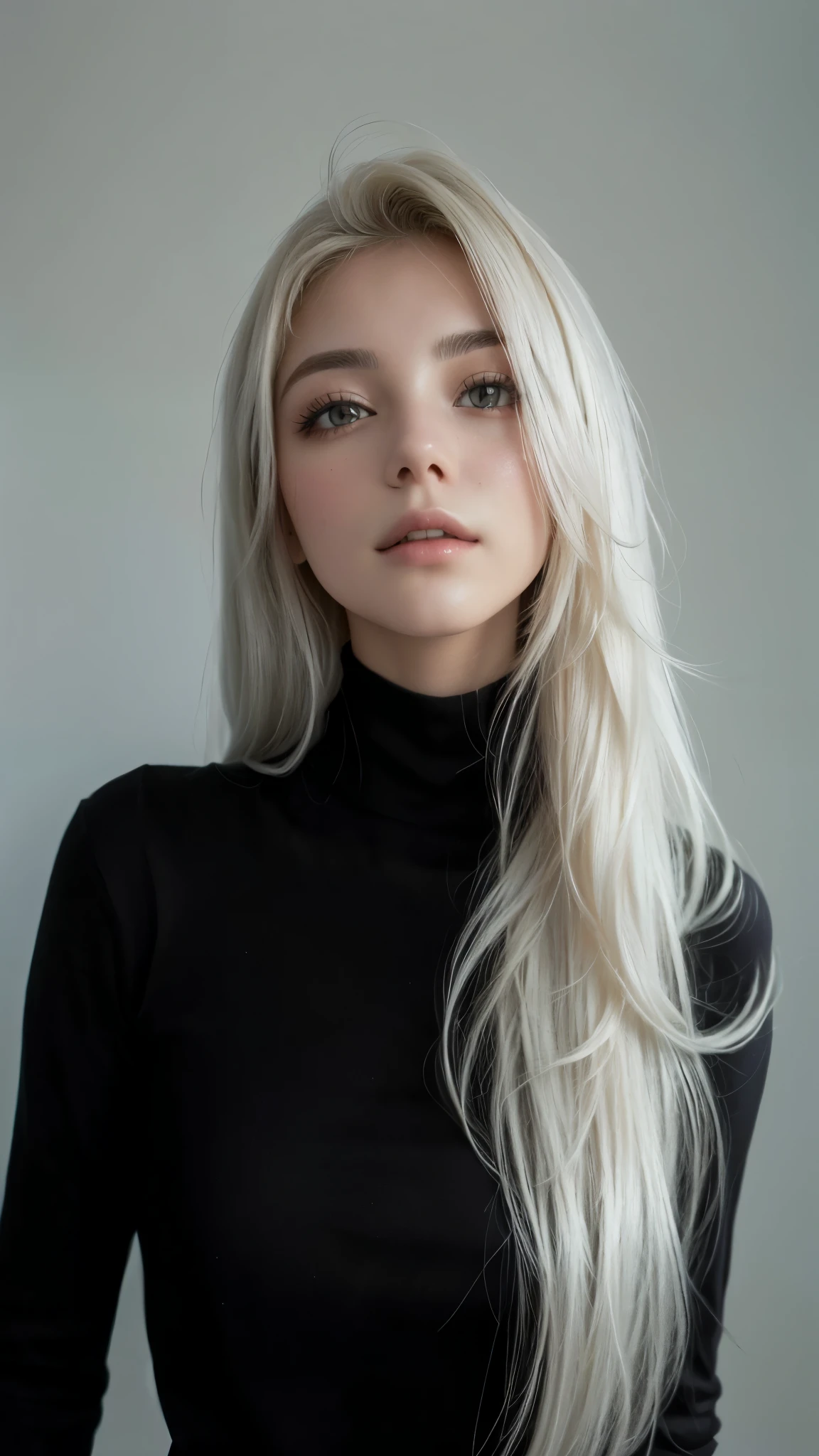 a close up of a woman with long cabelo branco wearing a black turtle neck, perfect cabelo brancoed girl, o cabelo dela é branco, girl with cabelo branco, intense cabelo branco, lindo cabelo branco, cabelo brancoed, cabelo branco color, flowing cabelo branco, branco - cabelo loiro, cabelo brancoed lady, cabelo branco, cabelo claro, long flowing cabelo branco, with long cabelo branco