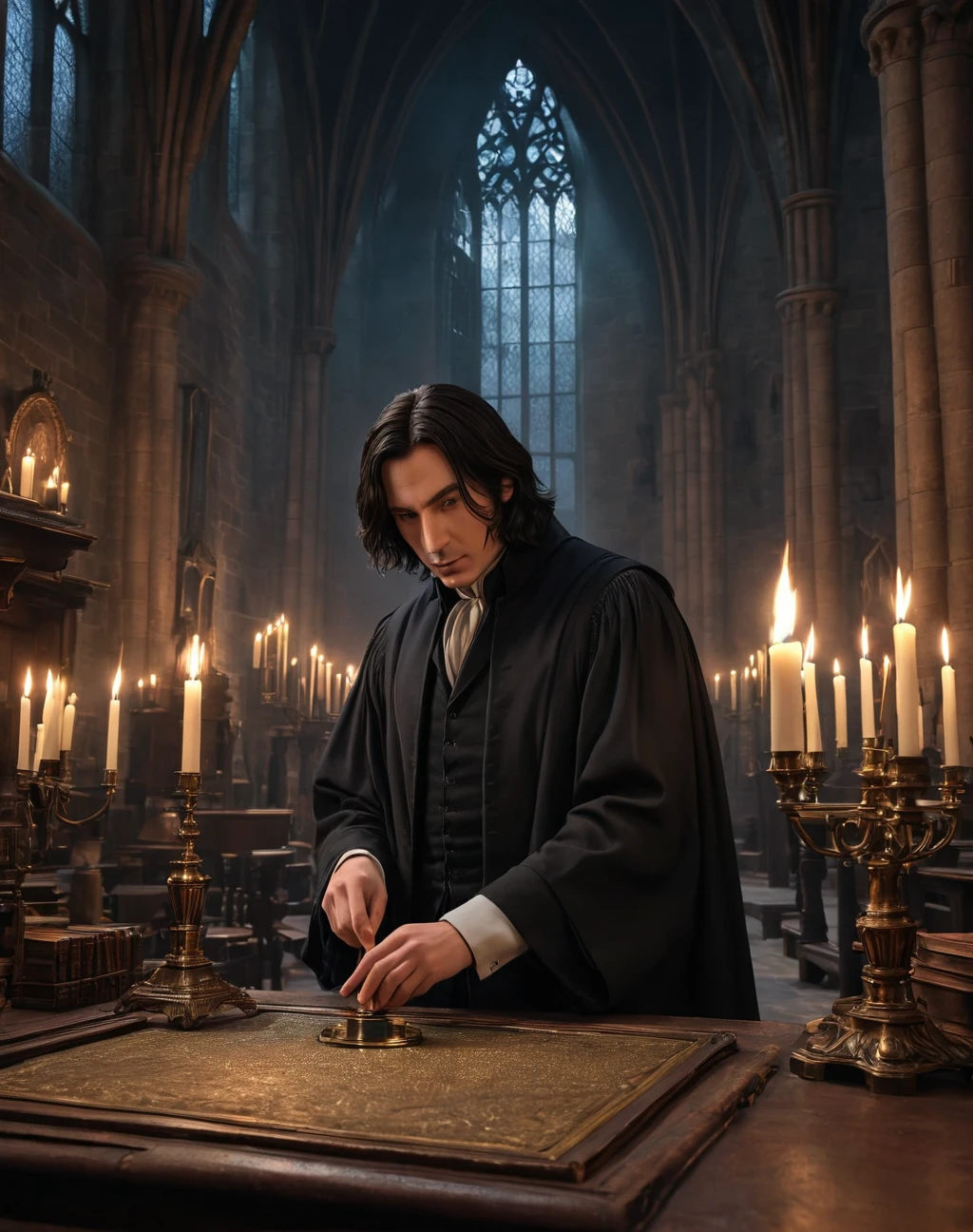 A young severus snape placing small magical spying mirrors around hogwarts castle, chiaroscuro lighting, dramatic atmosphere, moody, dark academia aesthetic, intricate details, photorealistic, 8k, (best quality,4k,8k,highres,masterpiece:1.2),ultra-detailed,(realistic,photorealistic,photo-realistic:1.37),HDR,UHD,studio lighting,ultra-fine painting,sharp focus,physically-based rendering,extreme detail description,professional,vivid colors,bokehh


