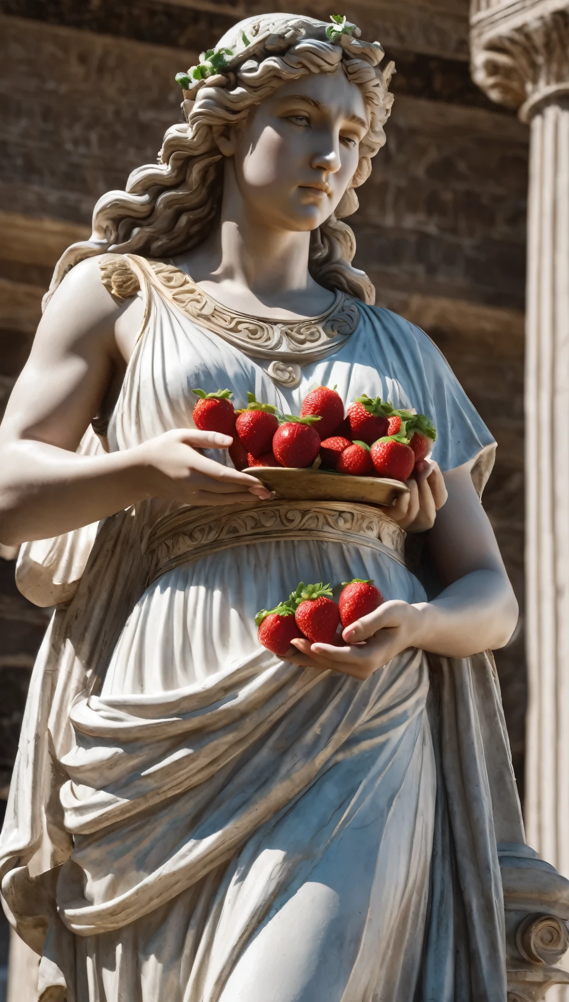 (8k, Highest quality, masterpiece)，Greek Mythology, Fertility Goddess, huge busts, Holding a strawberry in hand, Upper body close-up