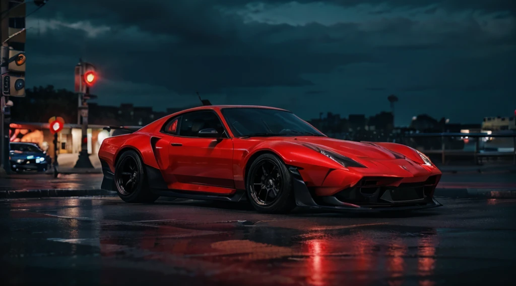 best quality, 8k, shiny skin, high resolution, red car on street at night, under neon light, sharp focus