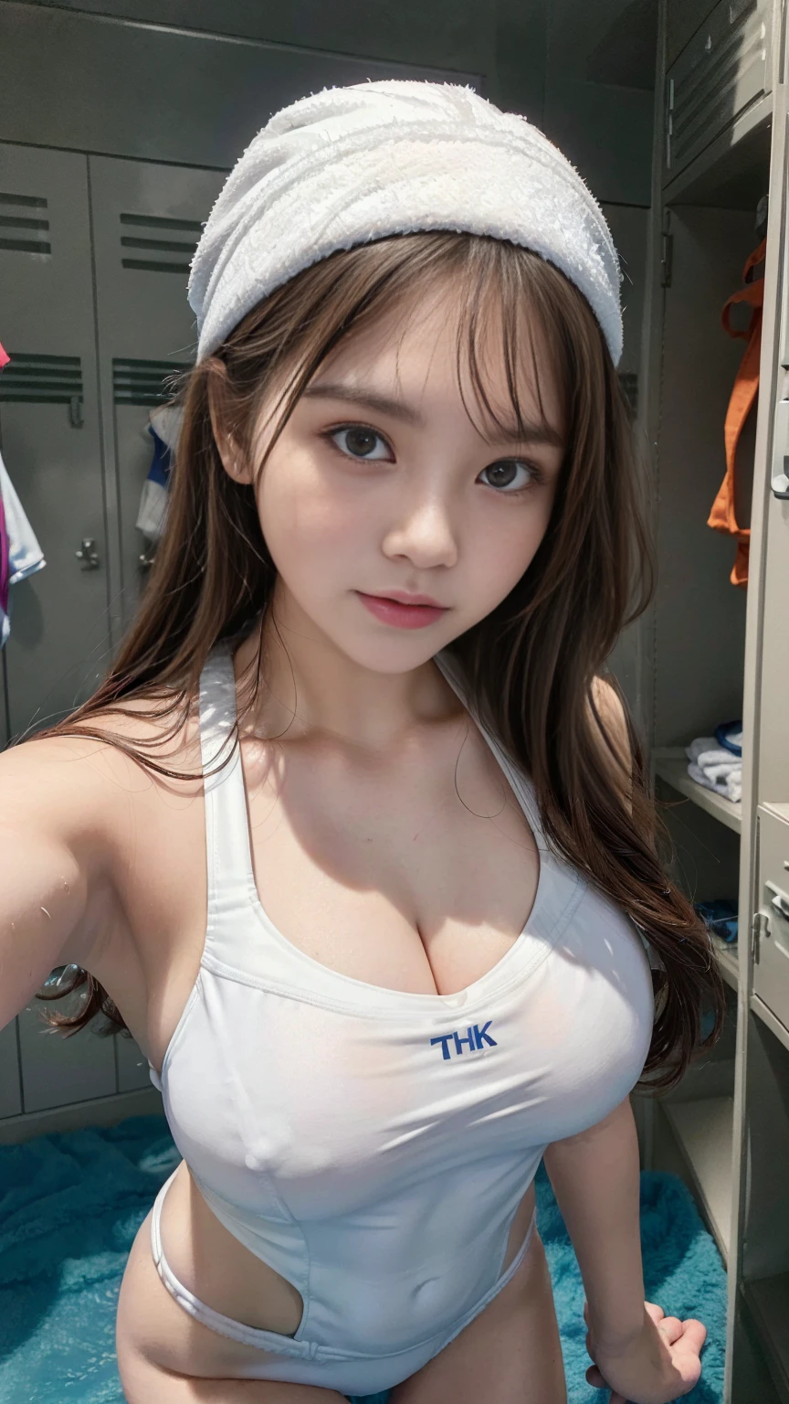 (((locker room:1.3))),(((Sports towel))),
(((Changing room 1.3))),(((Uniforms hanging on hangers:1.3))),((Swimsuit change:1.7)),(((White bikini swimsuit))),Cute Face,Extreme close up of face,Shiny light brown and orange striped long hair,Perfect round face,iris,(hairpin、Floating Hair、), (Big Tits 1.4), (Naturally sagging breasts), Professional Lighting,Cinematic Light,(Tabletop,Highest quality,Ultra-high resolution output images,) ,(8K quality),(Picture Mode Ultra HD),