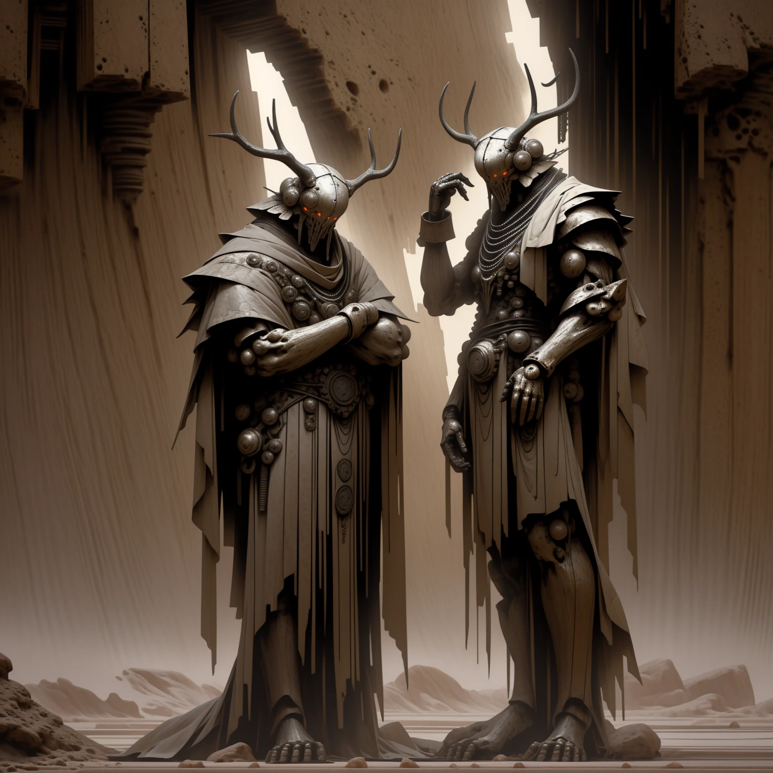 two giant robots on a platform in a desert cave, twin machines, leaning forward, 6 bright white glowing eyes arranged in a hexagon, smooth metal plating covering the mechanics, divine aura, multiple long slender arms resting below, mechanical, massive metal halo around head, slender body, draped in various tattered garbs, large metal antlers, creepy, lots of legs, thick lineart, rossdraws, cel shading