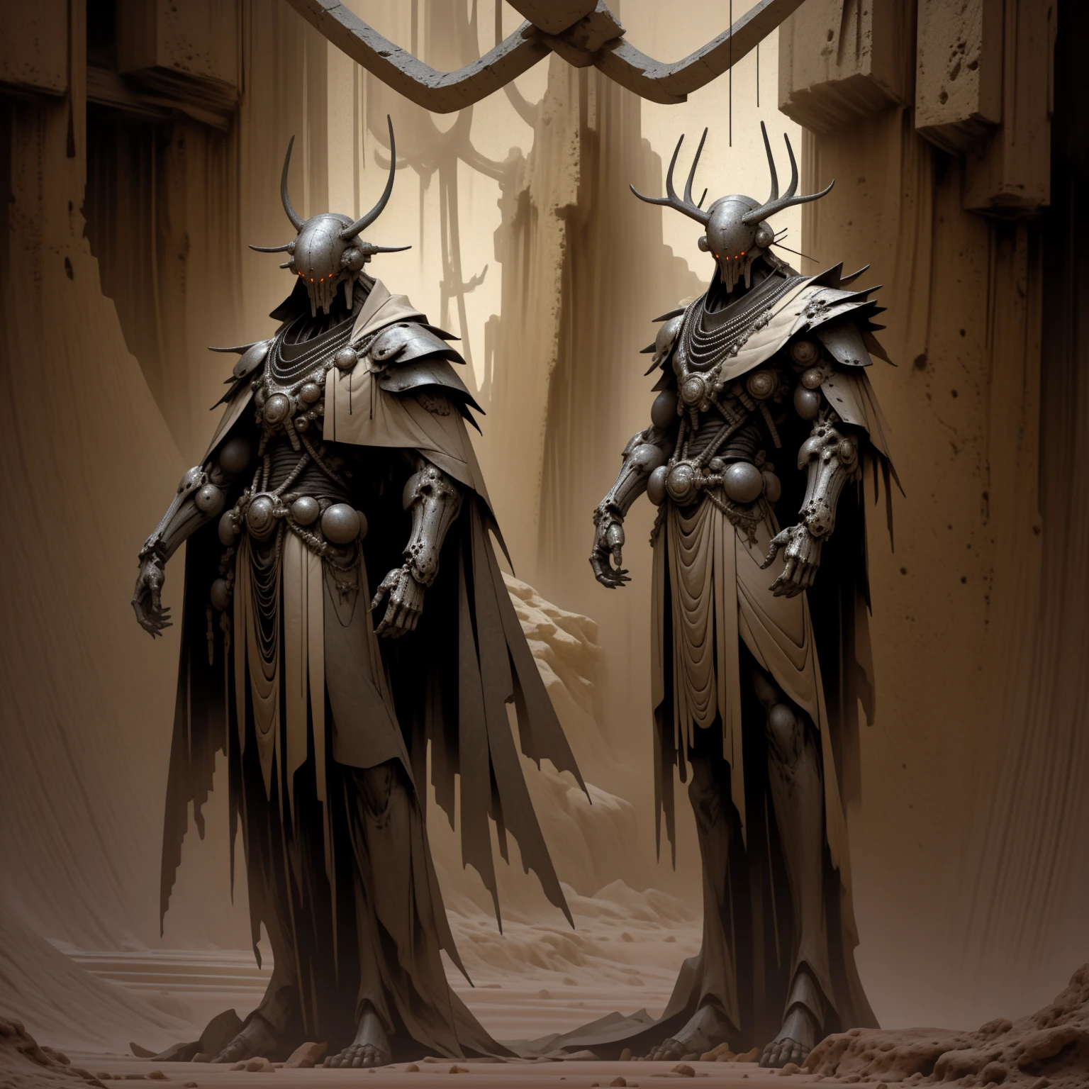 two giant robots on a platform in a desert cave, twin machines, leaning forward, 6 bright white glowing eyes arranged in a hexagon, smooth metal plating covering the mechanics, divine aura, multiple long slender arms resting below, mechanical, massive metal halo around head, slender body, draped in various tattered garbs, large metal antlers, creepy, lots of legs, thick lineart, rossdraws, cel shading