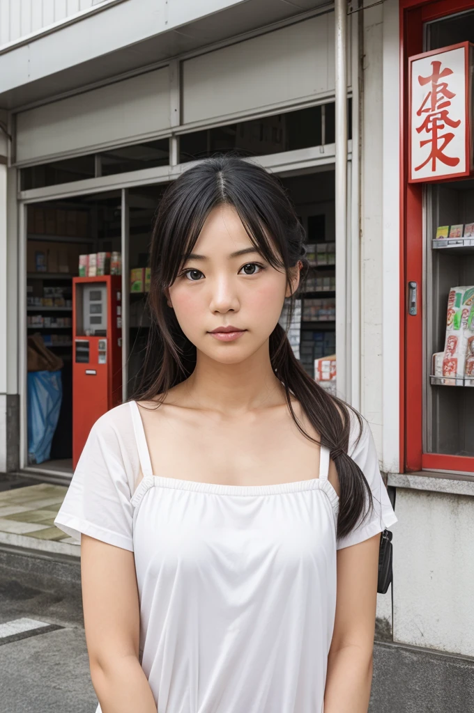 A photorealistic front facing facade of a small gritty Japanese convenience store. Front facing on a white background.