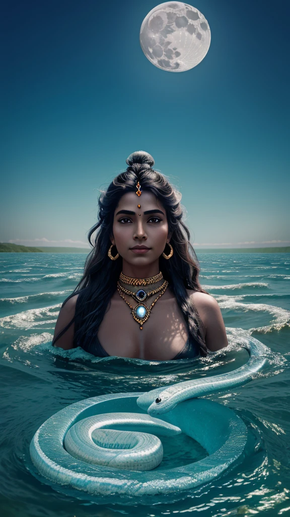 Creat animated image of shiva into the sea floating river from head with thin moon shape. Snake surrounded His neck.