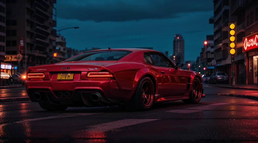 best quality, 8k, shiny skin, high resolution, red car on street at night, under neon light, sharp focus