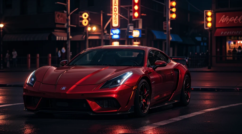 best quality, 8k, shiny skin, high resolution, red car on street at night, under neon light, sharp focus