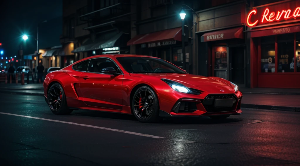 best quality, 8k, shiny skin, high resolution, red car on street at night, under neon light, sharp focus