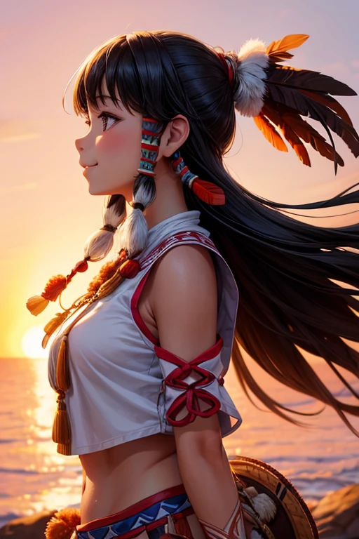 One girl, High resolution, smile, profile, Native American, Traditional attire, sunset, Large feather decoration