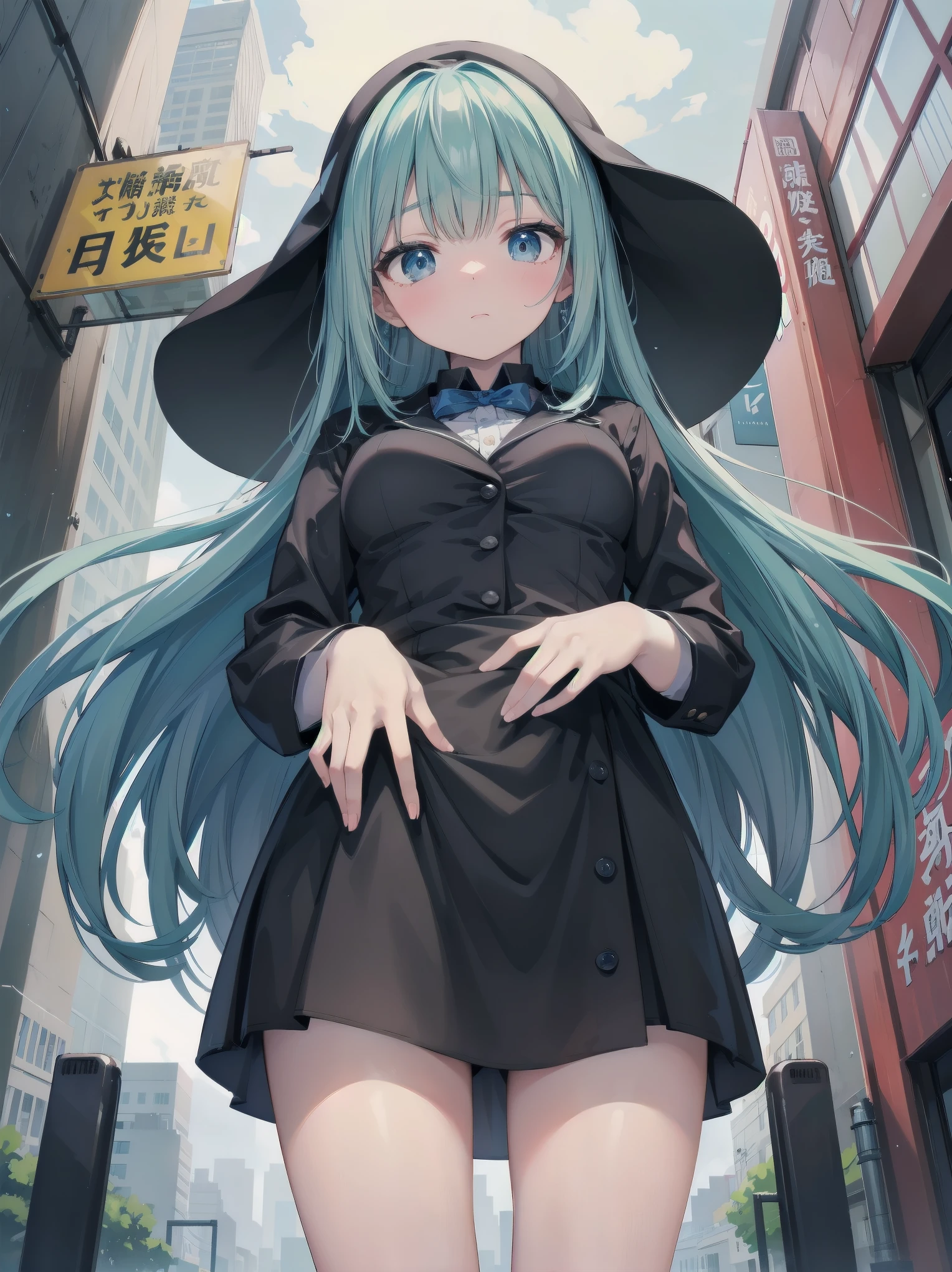 (best quality image), (film), 4320p, high qualiy, 8k (uhd), Filmed directly from below, Covert, Get closer, Anxiety, 真实感, Woman looking down, Semi-formal dress, volantes, Woman&#39;s style, Black thigh-high socks, Then, 14歳, breasts small, fully body, Black leather shoes, braided hair, Hair with ears , cor interior, fringes, prone, embarrassed face, black bob cut, wristbands, Street, árvores de Street, asphalt, Wall, sealion, Streets de Street