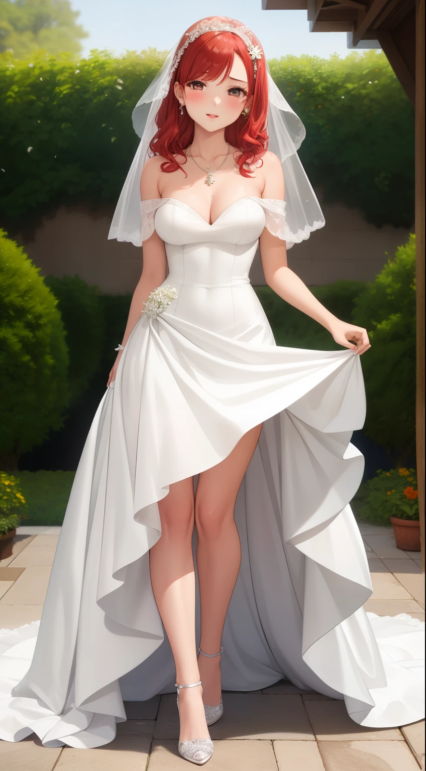 masterpiece, best quality, highly detailed, ultra high res, ayase arisa, 1girl, solo, hair ornament, redhead, glossy lips, looking at viewer, medium breasts, lightly curled hair, garden, wedding dress, jewelry, necklace, wedding dress, off the shoulder, high heels, (lace panties:0.8)