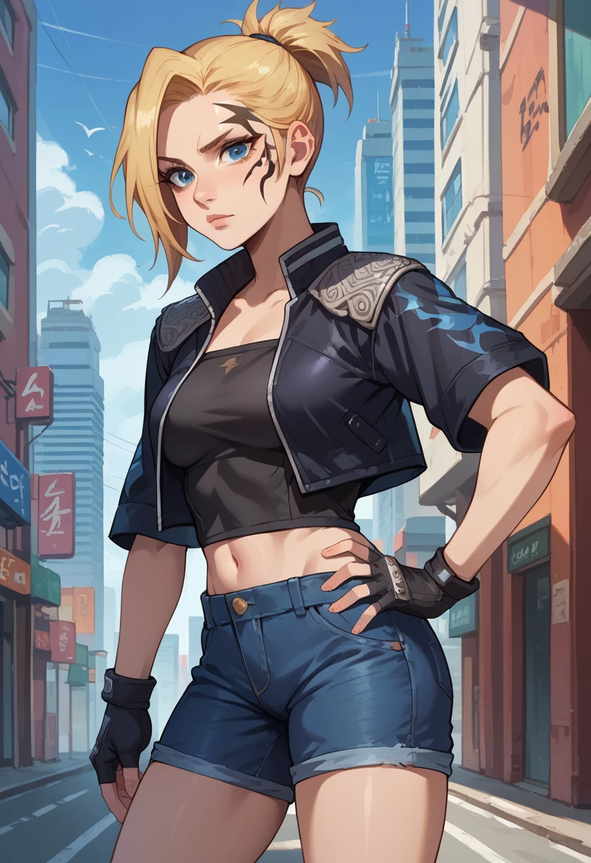 score_9, score_8_up, score_7_up, 1girl, solo, (female:1.5), female focus, female body, solo, zell, solo, blue eyes, gloves, blonde hair, long hair, medium ponytail, tattoo, gloves, facial tattoo, black shirt, fingerless gloves, shorts denim, jacket holding on shoulder, hand to hip, looking at you, city,
