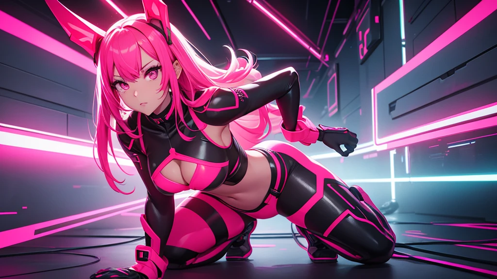 A woman in a full-body neon red and neon pink cyber outfit