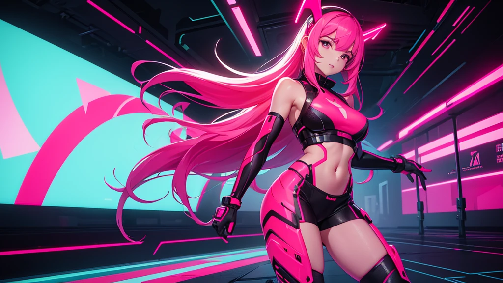 A woman in a full-body neon red and neon pink cyber outfit