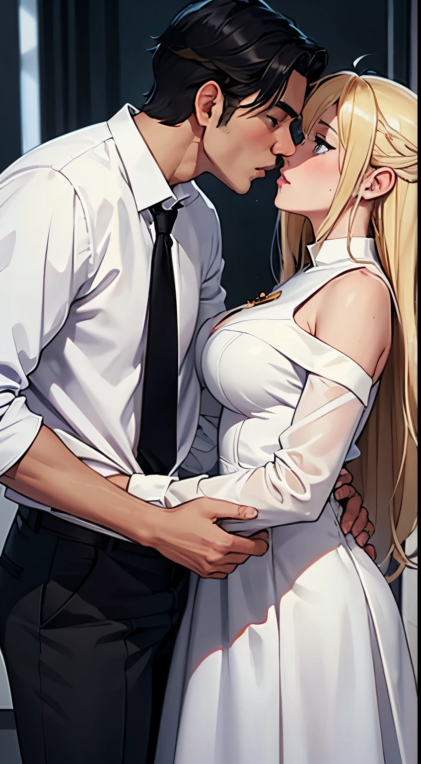A bomit catheterization bottom.
A blonde girl in a white dress. Being kissed by a man with black hair and a white dress shirt and black pants