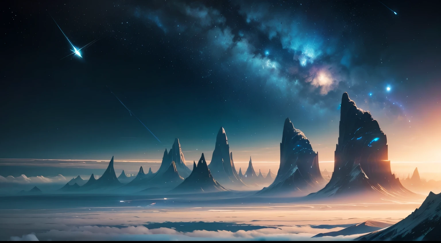 A peaceful nature scene in space. Interstellar. Epic. Vast cosmos. A futuristic cyber civilization. Mountains. Moons. Clouds. Blue.