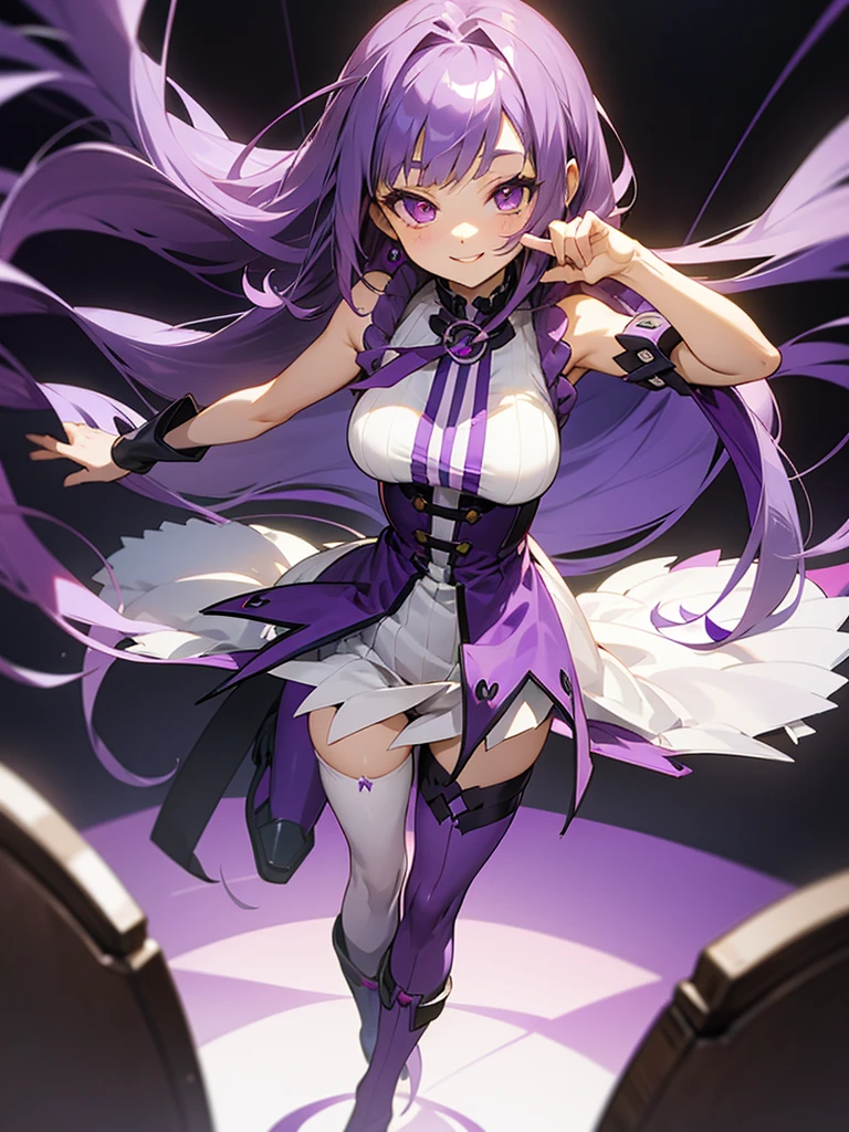 Anime girl, magenta eyes, (long loose purple hair), slightly curly hair, fringe. Sleeveless white and purple dress, (purple thigh high stockings). Black boots. Standing, perfect fingers, smiling, happy.