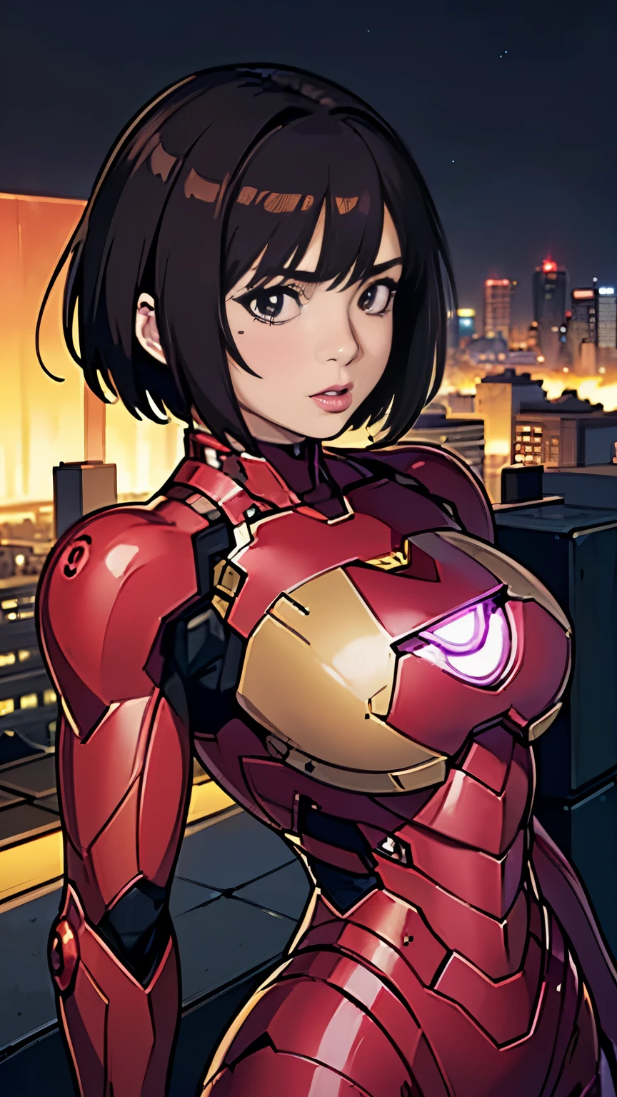 photo of mlp Meowko, RAW, beautiful woman, ((portrait)), ((detailed face:1.2)), ((anime face, anime facial feature, clear skin, glossy anime lips, clear skin), (short messy lesbian haircut, brunette: 1.55),  (perfect proportioned body, Strong, muscular, narrow waist, narrow hips, skinny, large breasts), (wearing futuristic Iron Man suit, black and pink color scheme, highly detailed) (high detailed city environment, rooftop, (realistic photo, best quality, detailed), (8k wallpaper), (cinematic lighting, beautiful light, (night:1.3)) (sharp focus, intricate)
