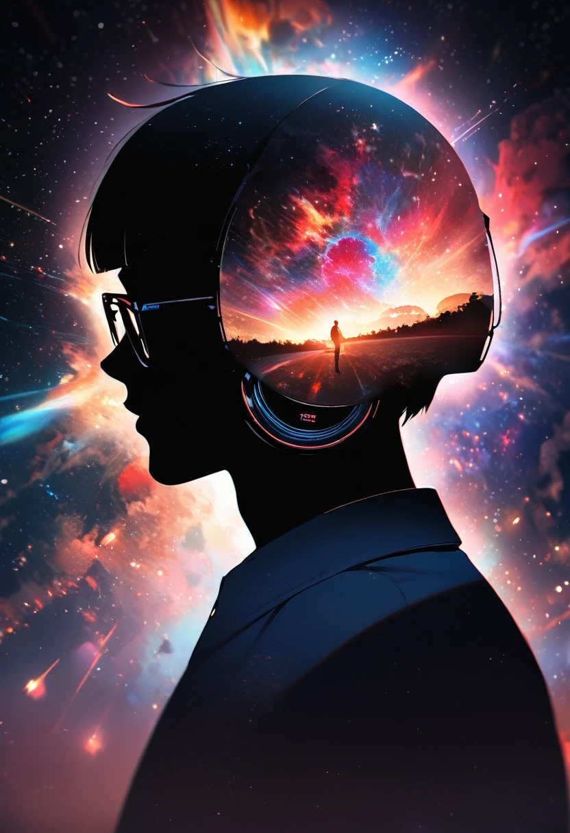 silhouette of a man in profile.(super very short hair:1.3), blunt bangs, (((underrim glasses:1.3))), (headphones:1.3), Inside the silhouette you can see the double exposure with a deep space, universe, supernova explosion, masterpiece, ((double exposure)), proportional.,DOUBLE EXPOSURE
