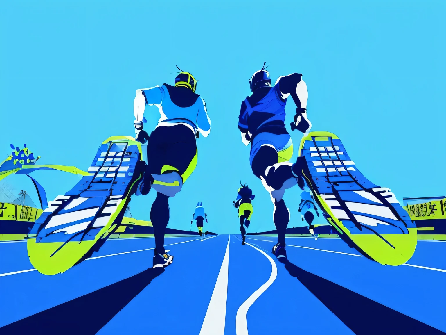 Two people running on the track, Let's participate in the Marathon, Marathon, Sprint athletes compete, Run Order, three people running a marathon, Stylized digital illustration, High contrast illustrations, one example, sprint, Digital illustration style, High contrast illustrationss, Running soldiers, Digital Illustrations -, Very coherent stylized artwork