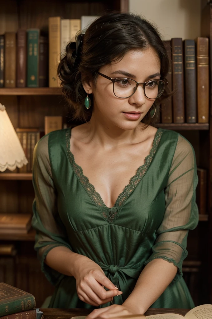 In an ancient and majestic library, the young woman dives into a world of wisdom and history. She is wearing an emerald green vintage dress., with lace details on the neckline and sleeves. The dress has a classic and elegant look, perfectly complementing the library&#39;s antique ambience.

Her black hair is tied up in a classic updo., with a few loose locks framing your face. She wears delicately framed glasses, that add an intellectual touch to your look. Your face is lightly made up, with a touch of color on the lips and cheeks, highlighting your natural beauty.

She is leafing through an old book with leather covers, with an expression of fascination and curiosity. Around her, the dark wooden shelves are filled with old, dusty books, and the scent of aged paper fills the air. The soft light from reading lamps creates a welcoming and introspective atmosphere.

Her accessories include pearl earrings and an antique family ring., that add a touch of elegance and personal history to your look. She is sitting at a reading table, surrounded by stacks of books and notes, completely immersed in reading. The library is silent, with only the occasional sound of pages turning and soft footsteps on the wooden floor.[sex][new]