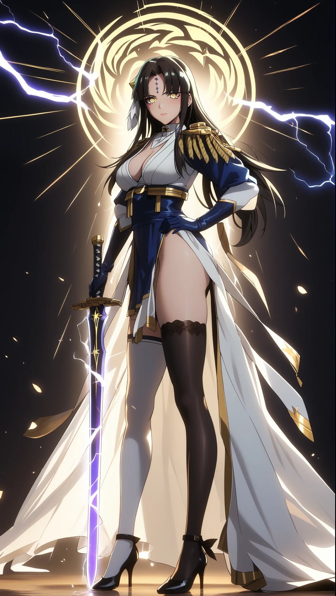score_9, score_8_up, score_7_up, score_6_up, uncensored, michiko tanaka, long hair, black hair, yellow eyes, facial mark, forehead mark, BREAK (masterpiece:1.2), best quality, high resolution,(detailed eyes:1.3), perfect lighting, (perfect hands, perfect anatomy), BREAK 1girl, weapon, sword, breasts,, solo, thighhighs, holding weapon, gloves, asymmetrical legwear, high heels, mismatched legwear, holding, holding sword, hand on own hip, aura, looking at viewer, full body, armor, dress, cleavage, standing, black gloves, black thighhighs, glowing weapon, closed mouth, glowing sword, shrug \(clothing\), tassel, japanese armor, blue fire, kusazuri, japanese clothes, black footwear, white thighhighs, electricity