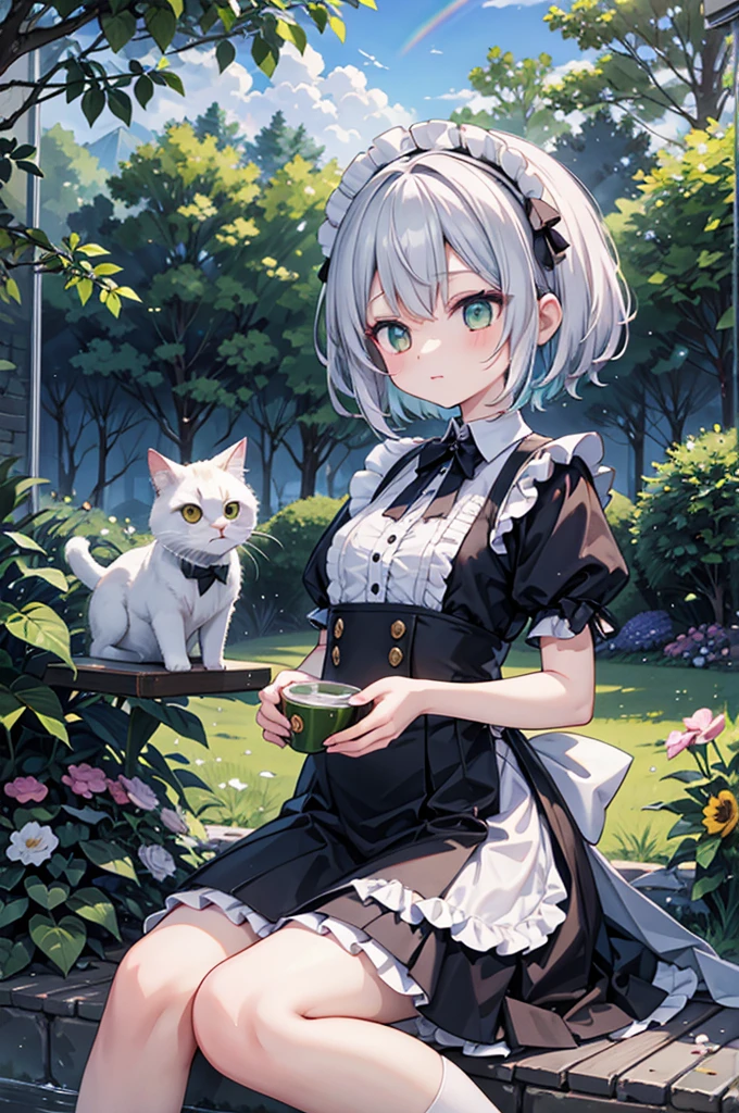 anime style, super fine illustration, highly detailed, dynamic angle, beautiful detailed, 8k, Summer afternoon in the garden, BREAK a girl is drinking green tea.BREAK A shower of sprinklers pours down. BREAK A rainbow appears in the sky.BREAK maid,white cat years,girl,short hair,