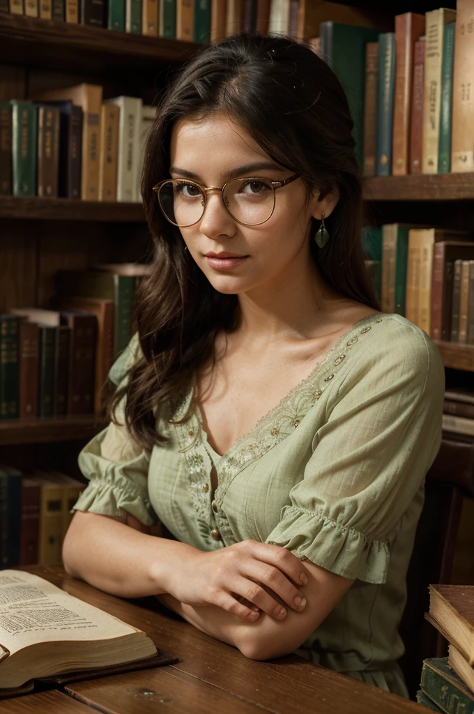 In an ancient and majestic library, the young woman dives into a world of wisdom and history. She is wearing an emerald green vintage dress., with lace details on the neckline and sleeves. The dress has a classic and elegant look, perfectly complementing the library's antique ambience.
Her black hair is tied up in a classic updo., with a few loose locks framing your face. She wears delicately framed glasses, that add an intellectual touch to your look. Your face is lightly made up, with a touch of color on the lips and cheeks, highlighting your natural beauty.
She is leafing through an old book with leather covers, with an expression of fascination and curiosity. Around her, the dark wooden shelves are filled with old, dusty books, and the scent of aged paper fills the air. The soft light from reading lamps creates a welcoming and introspective atmosphere.
Her accessories include pearl earrings and an antique family ring., that add a touch of elegance and personal history to your look. She is sitting at a reading table, surrounded by stacks of books and notes, completely immersed in reading. The library is silent, with only the occasional sound of pages turning and soft footsteps on the wooden floor. no clothing