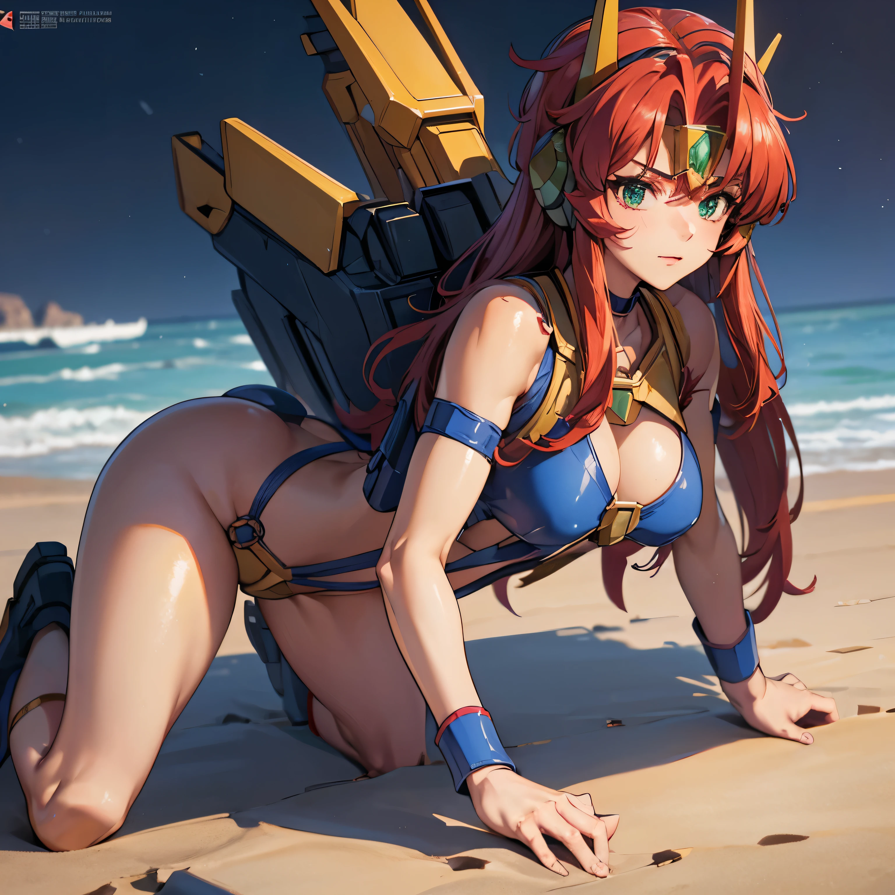 Imperial Guard Combat Uniform Swimsuit, o-ring bikini, v gundam, swimsuit, absurdres, highres, solo, cowboy shot, 1girl, neneka nibrou \(cosplay\), wristband, headphone, holster, backpack, holding gun, aiming, perfect hands, wind, (highres,best_quality,masterpiece), medium breast, hair ornament, valsione r, long hair, red hair, green eyes, medium breasts, mecha musume, mechanical parts, mecha armor, shoulder plates, robot, mechnical wings, (((all fours, crawl, crawling)))