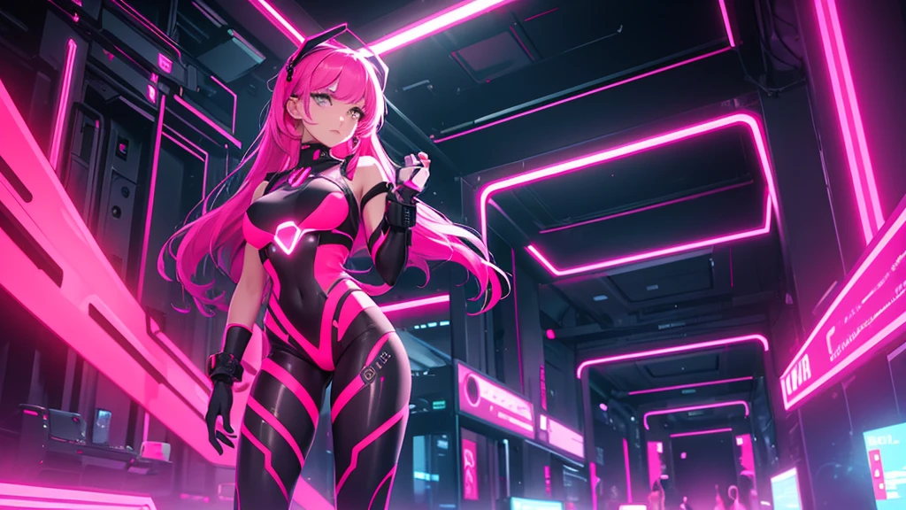 A woman in a full-body neon red and neon pink cyber outfit