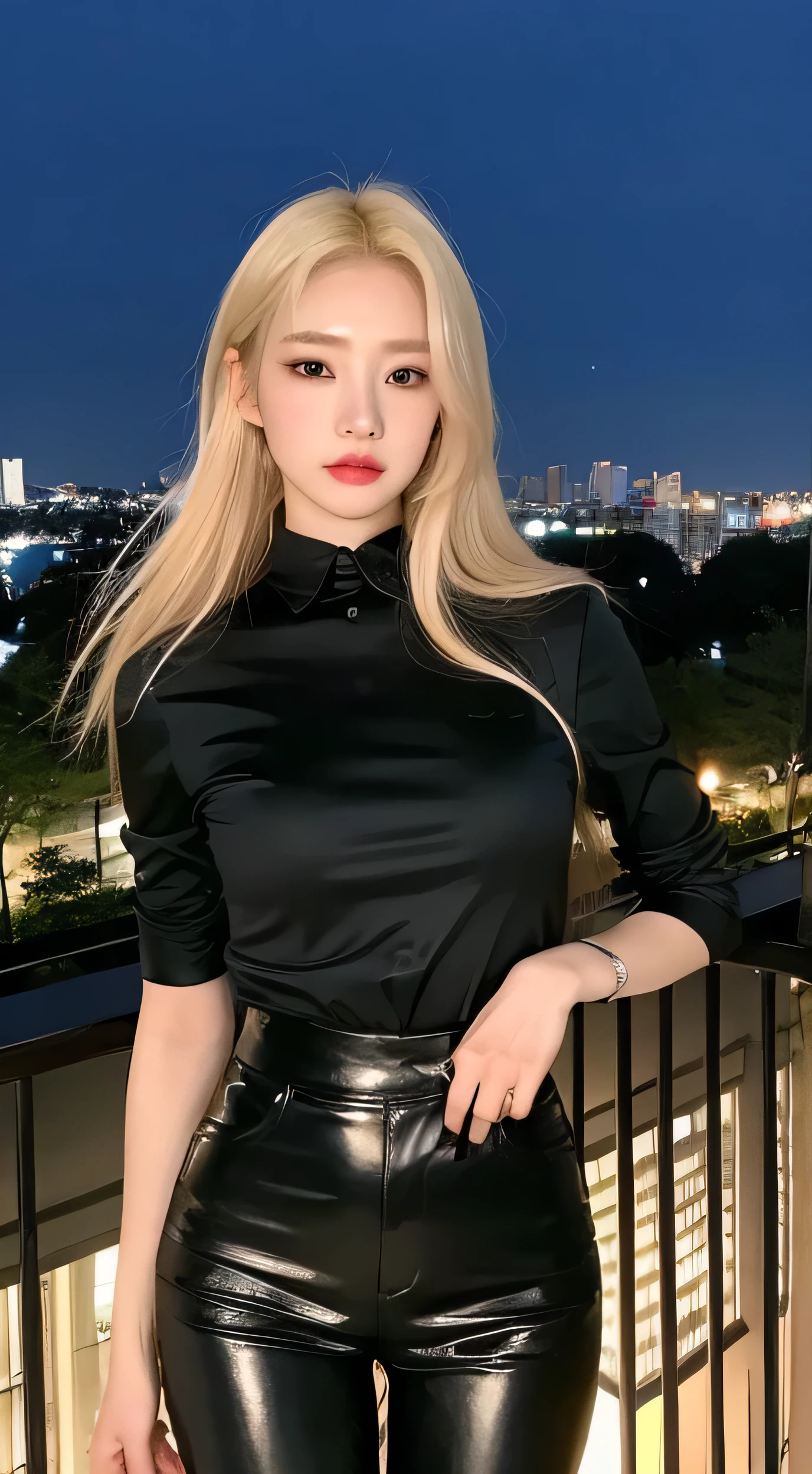 A young Korean woman with blonde dyed hair, pale skin, thin body. She has a small mole below her left eye, making her even more charming. She is wearing a chic black shirt and black leather pants . She is looking at the viewer, and her easy expression is sensual. Full body. The setting is a balcony of a luxurious apartment at night with the city in the background. Masterpiece, high quality.