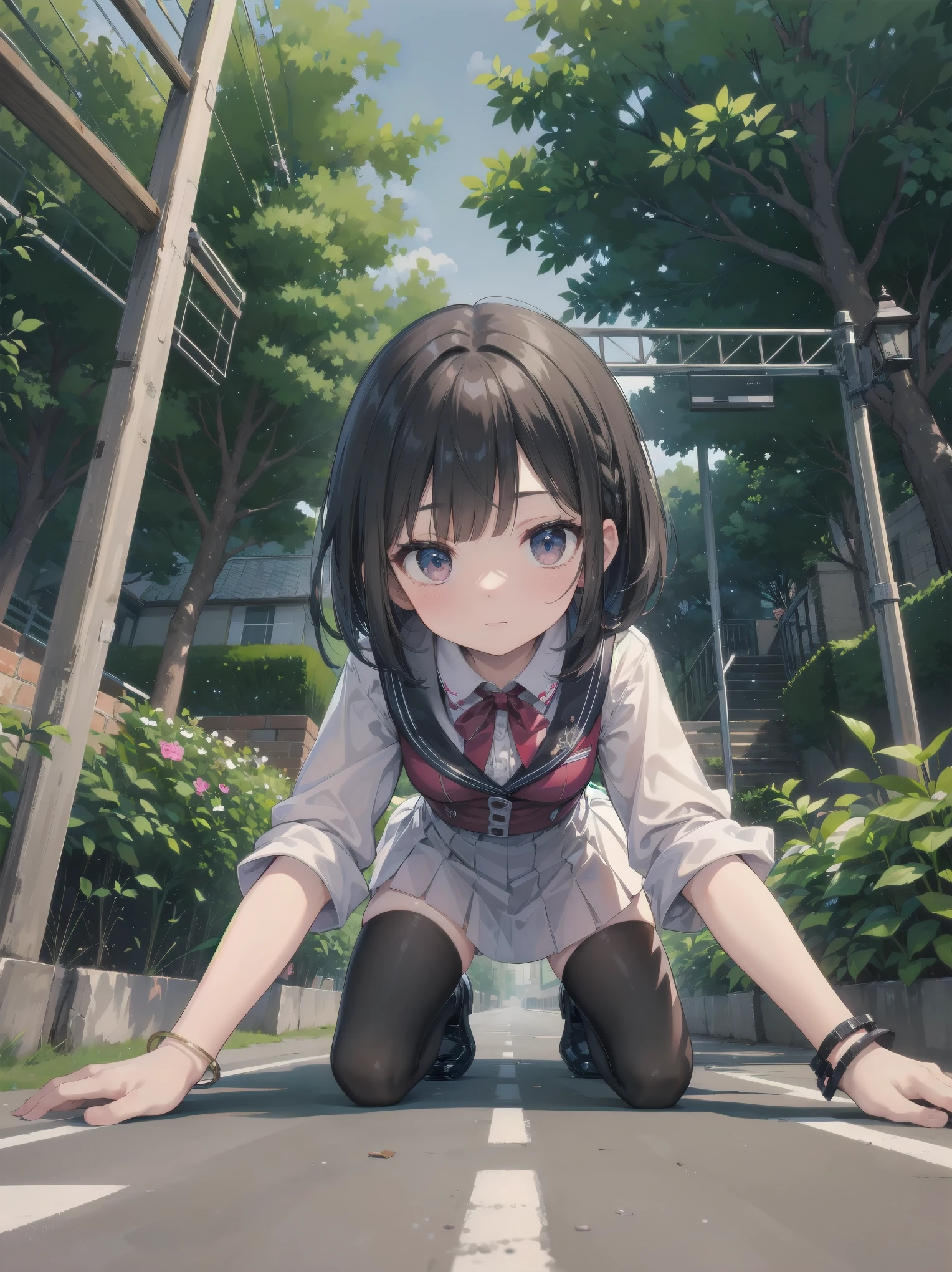 (Best image quality), (Movie), 4320p, High quality, 8K (UHD), Shot directly from below, Covert, Close-up, Anxiety, Realism, Woman looking down, Semi-formal dress, Ruffles, Style female, Black thigh-high socks, So, , Small breasts, Full body, Black leather shoes, Braided hair, Hair with ears, inner color, fringes, prone, shy face, black bob cut, bracelets, street, trees street, asphalt, wall, fence, street streets