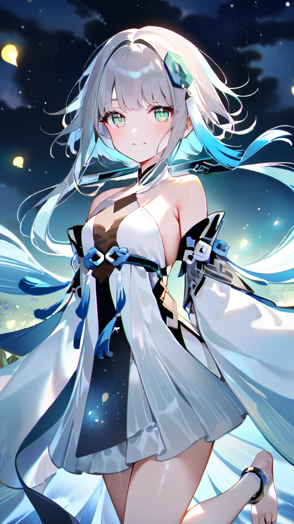 score_9, score_8_up, score_7_up, score_6_up,1girl, guizhong_\(genshin_impact\),(grey hair),short_hair_with_long_locks in front and low ponytail in back,gradient_hair,(pale grey eyes with seafoam gradient),starry_sky_print,detached_sleeves white outside blue starry inside, hands completely hidden by long sleeves,stunning field of softly glowing cerulean and white glaze lilies,night scene,gentle smile,face focus, eye focus,ladyshadow,moonlight,glossy lips,vivid anime coloring,cel shading,smooth, soft dreamy focus,anklet,halter_top,white clothes,highly detailed,digital painting,bare_shoulders,barefoot,cool night tones, magical night scene,geo crystalflies,professional,anemo colored fireflies,nebula of stardust and silvery vapor,harmonious blend of nature and art,transcendent beauty,awe-inspiring artwork,(best quality,4k,8k,highres,masterpiece:1.2),yunamaro,carnelian,dsmile,cosmic stardust,guizhong, guizhong's def clothes, 1girl, long hair, blue eyes, barefoot, guizhong's dress, hair ornament, chinese clothes, sleeves past fingers,