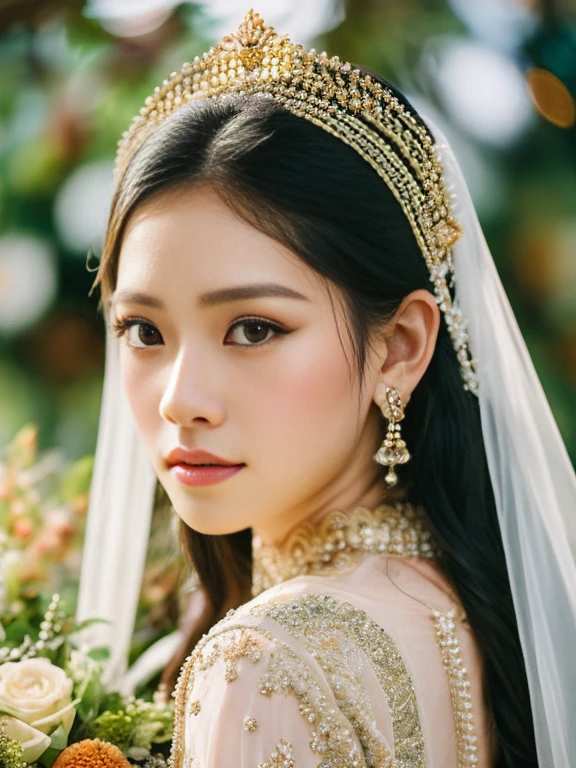 ((best quality)), ((masterpiece)), (detailed), face portrait, perfect face, The photo captures a pair of Indonesian groom and bride dressed in traditional Javanese attire, adorned in golden and green hues. They stand against an elegant backdrop blending traditional and modern themes seamlessly. Both gaze confidently at the camera and viewers, exuding grace and poise. The professional-grade photograph showcases beautiful color gradients, remarkable depth, and sharpness, courtesy of the most advanced camera technology available today. symmetrical
