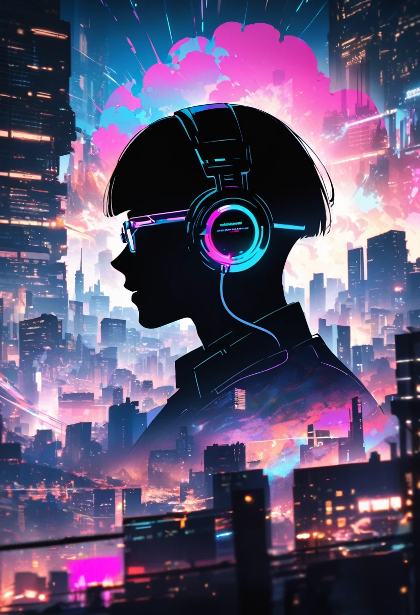 silhouette of a man in profile.(short hair:1.3), blunt bangs, (((underrim glasses:1.3))), (headphones:1.3), Inside the silhouette you can see the double exposure with a deep cyberpunk, city, supernova explosion, masterpiece, ((double exposure)), proportional.,DOUBLE EXPOSURE
