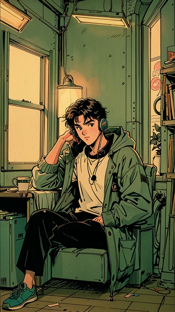 80s anime style: A muscular 25-year-old man with short, spiky hair in dimly lit bedroom at night. Sitting at desk with books, wearing headphones and loose parka. Coffee, relax. Kind face looking at viewer. Full body visible in relaxed pose. Room lit by desk lamp. Large window shows vibrant Tokyo night cityscape with neon lights. High-quality illustration emphasizing contrast between dark room and bright city lights.