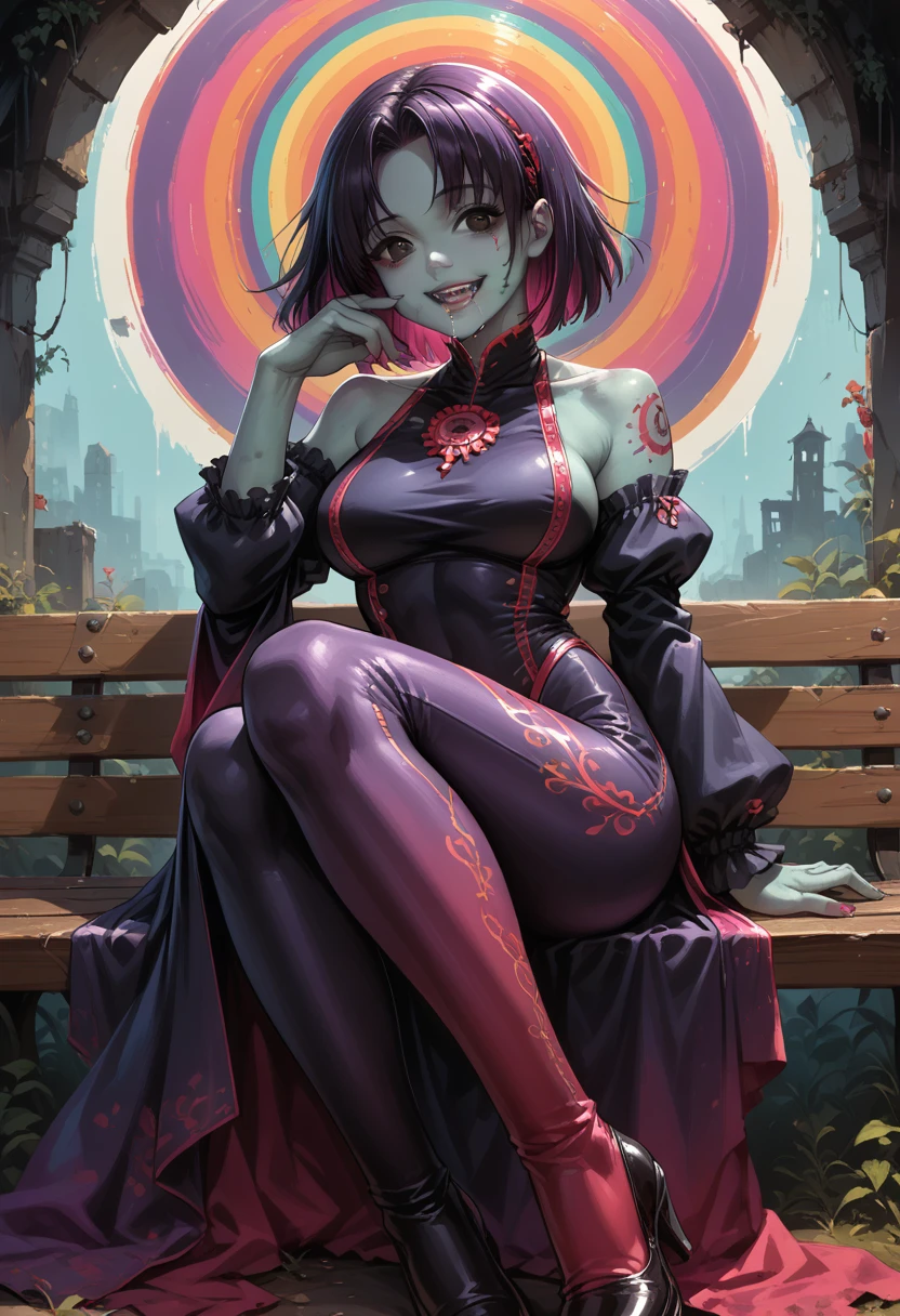 anime girl,Zombie,shiny,sexy,beautiful figure,Bright Outfit black and purple,Colorful tones,full height,sitting on a bench, Hair Red,Bright black eyes,curvy,high quality,masterpiece,full detailed,The picture is worked out to detail,drooling 0,smile,saliva 0.4,wallpaper,Colorful colors,The palette seems to be alive,maximum details,8K Detail